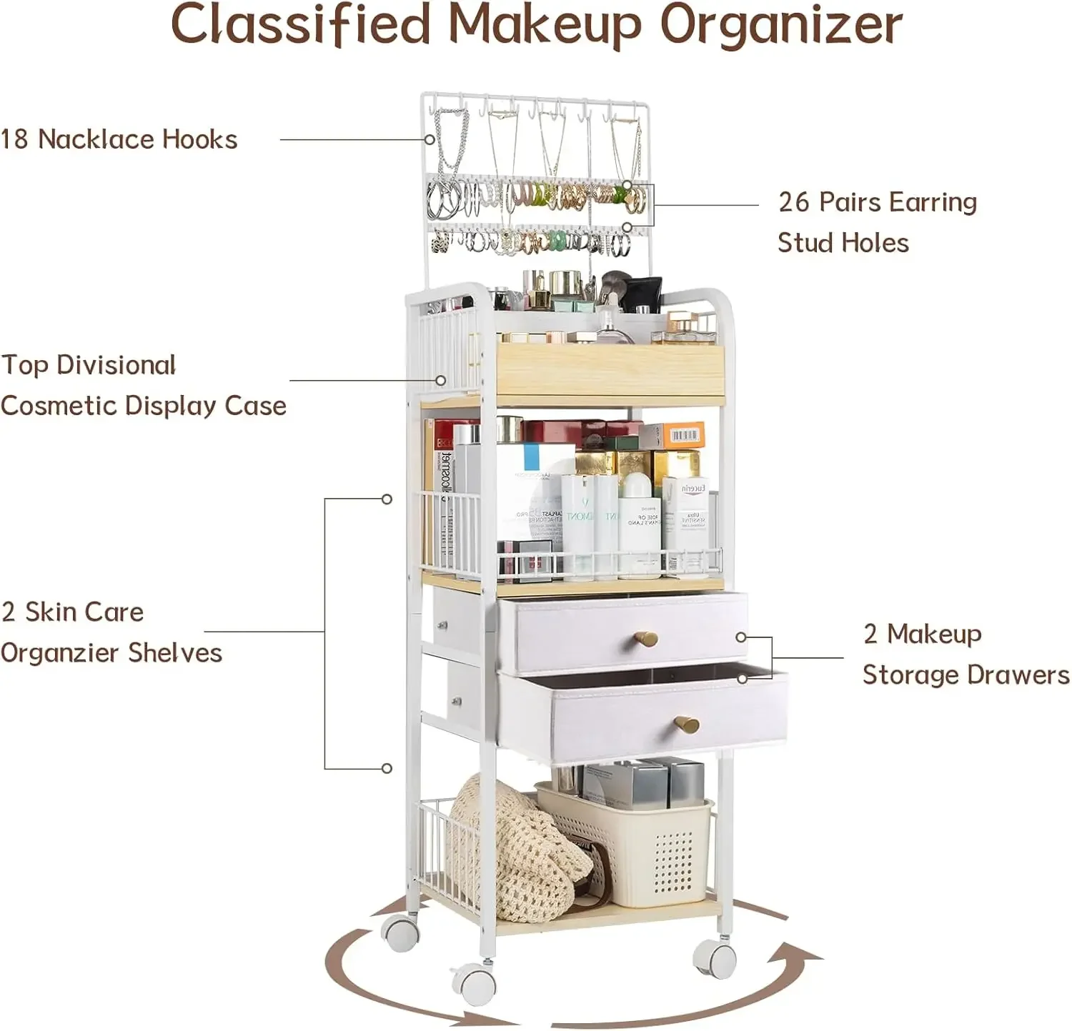 Makeup Organizer, Floor Skincare Cosmetics Organizer with Drawers, Jewelry Organizers and Storage for Earring Necklace 4