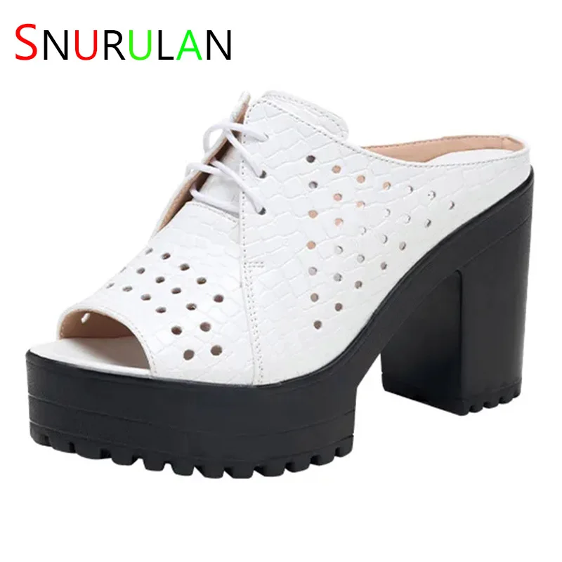 

10cm Small Size 32-43 Open Head Cutout Hole Shoes Woman Block High Heels Sandals 2023 Thick Bottom Platform Slides Office