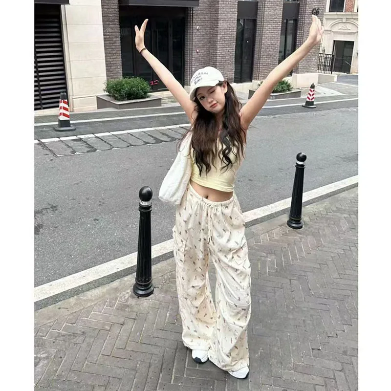 Summer Women Cartoon Little Bear Printing Waistband Casual Pants Wide Legs Korean Loose Casual All-match Affordable Trousers