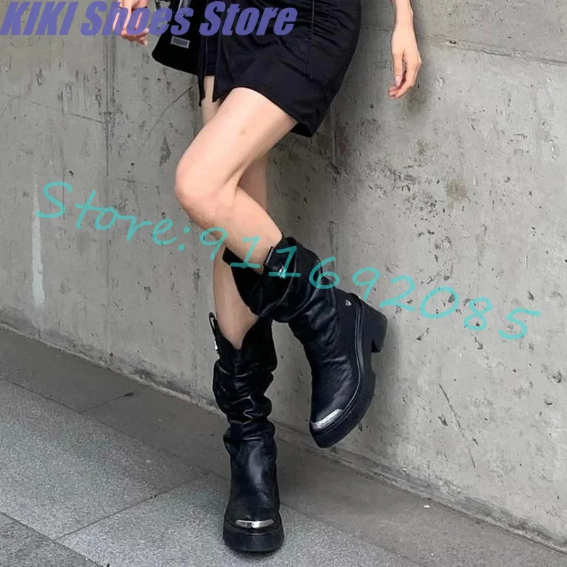 

Black pure leather thick-soled boots women's high-heeled knight boots piles of retro embroidery western cowboy boots