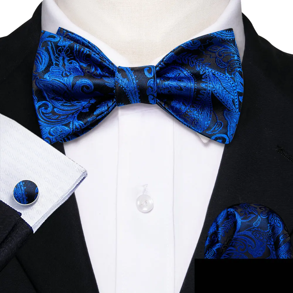 

Barry.Wang Blue Silk Men's Self Bowtie Jacquard Paisley Floral Butterfly Bow Tie Hanky Cufflinks For Men Wedding Business Events