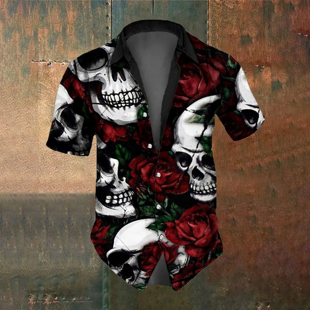 Summer Fashion Skull Cross Pattern Horror Men's Short Sleeved Printed Shirt Street Trend Party Men's Oversized Top SIZE S-5XL 4