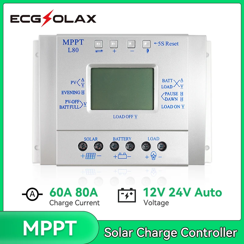 ECGSOLAX MPPT 60A 80A Solar Charge Controller 12V 24V Auto LCD Display Solar Panel Battery Regulator Charge Controller