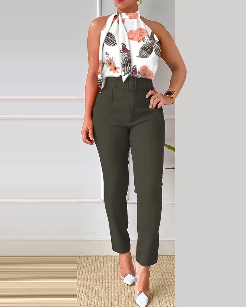 Summer Fashion Print Two Piece Set Women Casual Office Ladies Button Sleeveless Halter Blouse Pants Two Piece Set Women