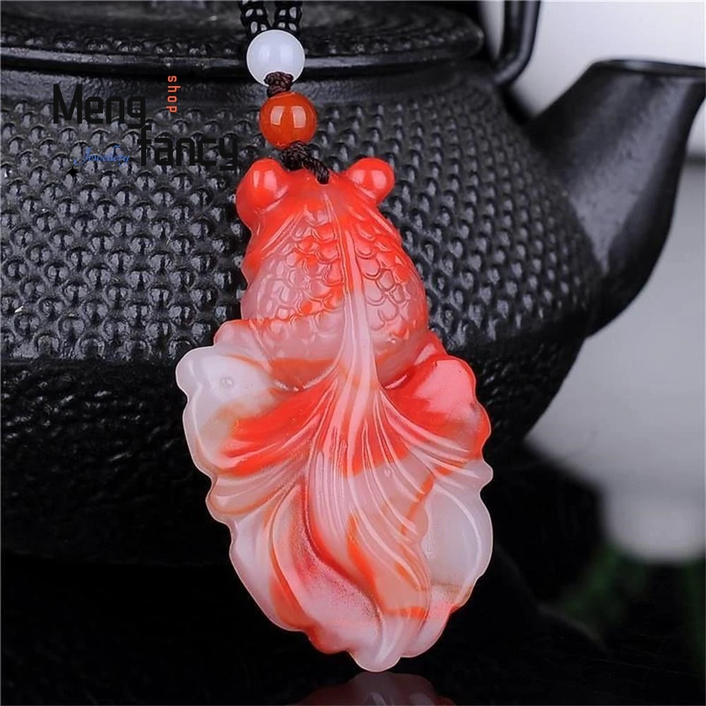 Natural Hetian Colourful Jade Floating Flower Goldfish Koi Pendant Jewelry Handicraft Holiday Gift