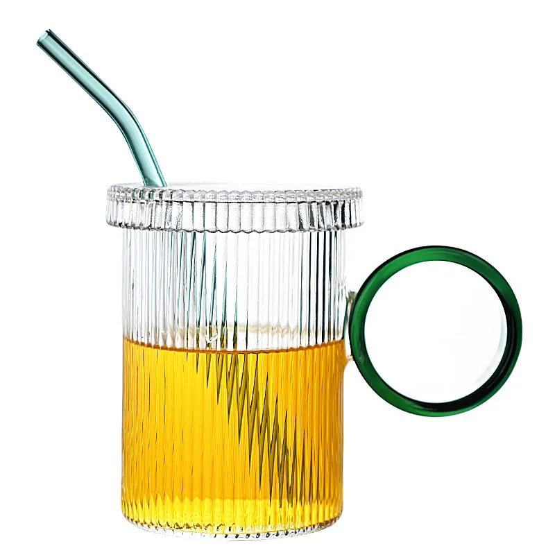 500ml Nordic Vertical Ribbed Glass Mug Cup with Amber Teal Grey Blue Big  Round Handle Glass Lid and Straw Large Coffee Mug 1 Pc - AliExpress