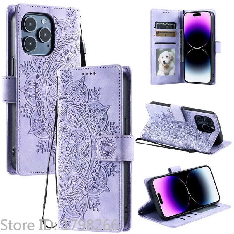 Embossed Leather Flip Wallet Phone Case with Totem Design