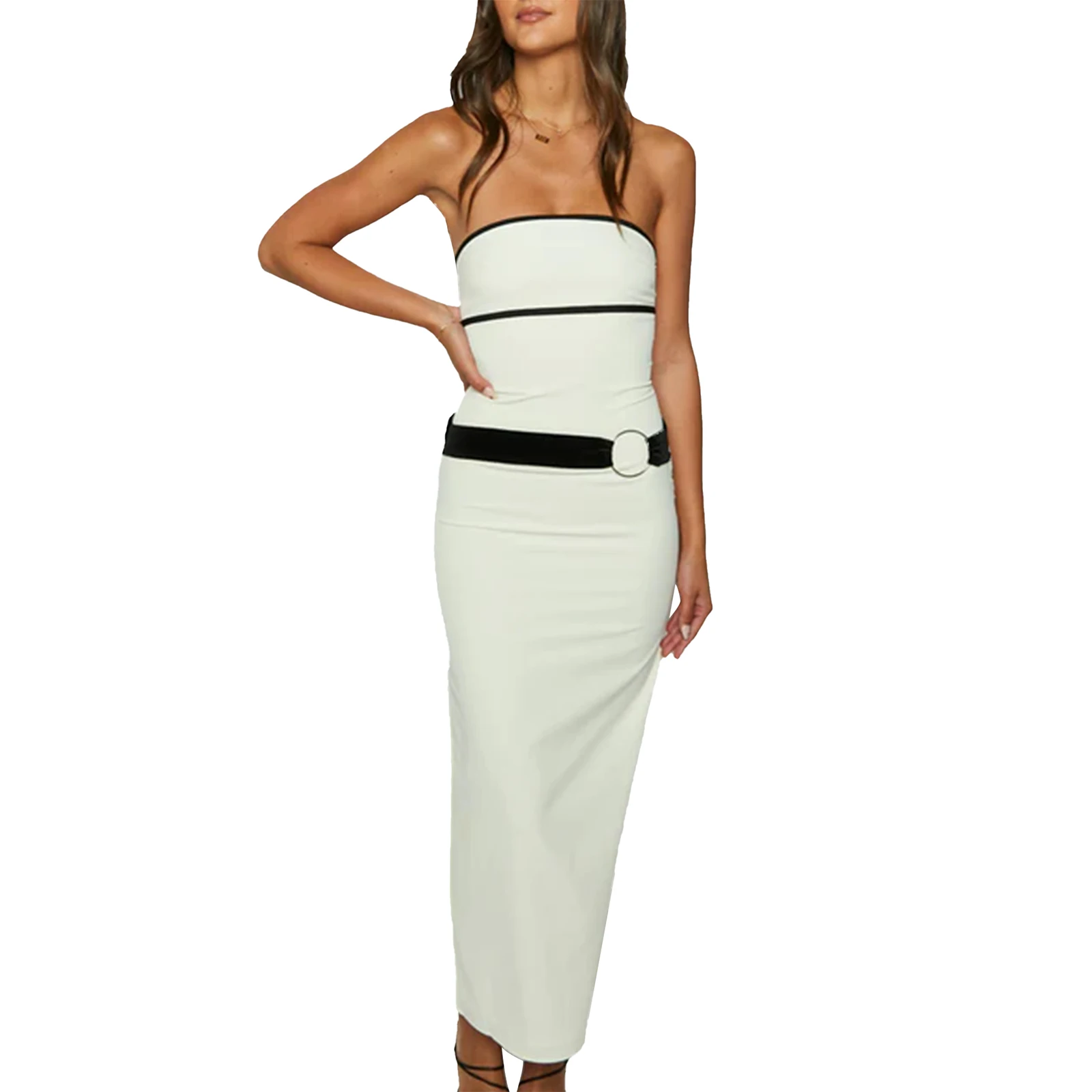 

Women's Tank Tops Strapless Long Dress Sleeveless Contrast Color Belted Bodycon Mini Dress Evening Gown