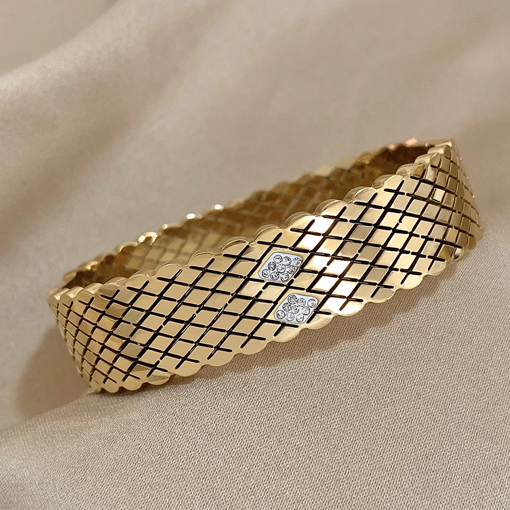 Stainless Steel Corssed Rhombus Grid Bracelet Bangle for Women Waterproof Rhinestones Cuff Bracelet Wristband Jewelry Gifts 4