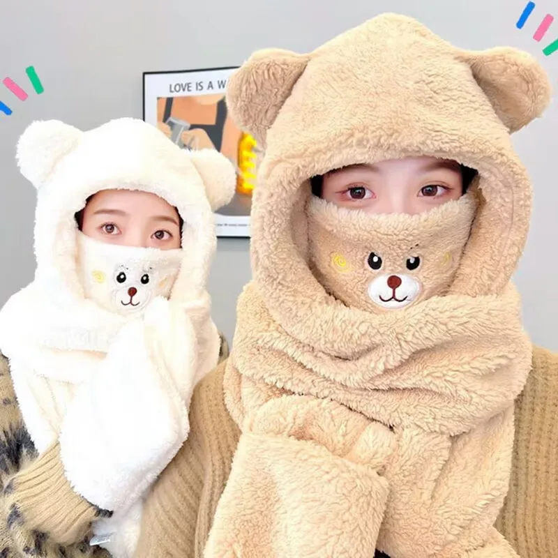 Bonnet et echarpe 3 en 1 pour femme et fille ensemble de gants echarpe mignon ours de dessin anime en peluche polaire chauds hiver