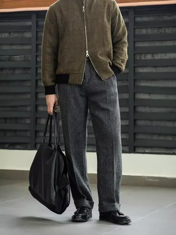 Men Pants Autumn Winter Retro Wool Tweed Loose Straight High Waist Long Pockets