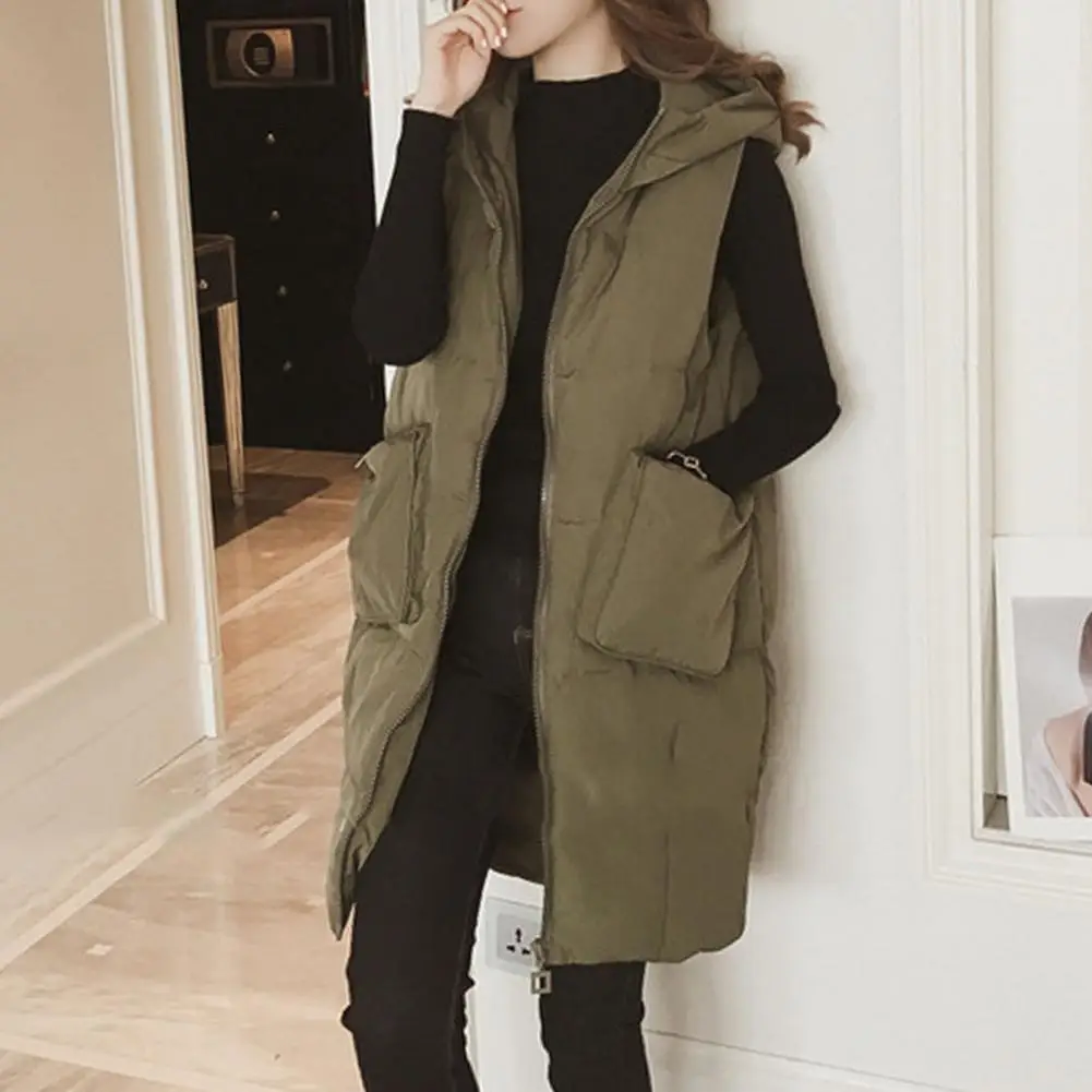 

Women Polyester Waistcoat Breathable Women Waistcoat Stylish Women's Hooded Sleeveless Long Vest Coat with Pockets Zipper