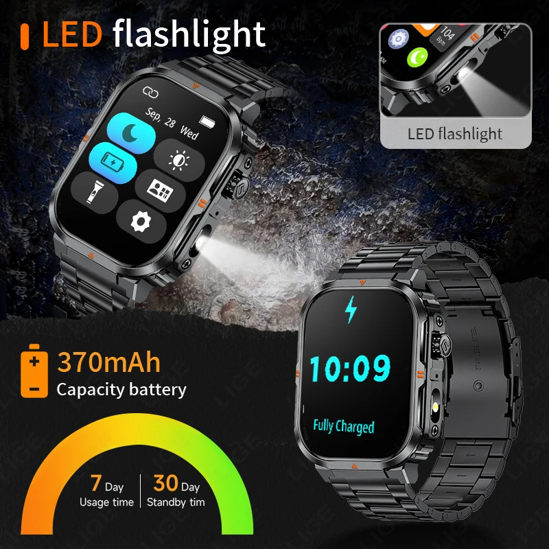 LIGE Smart Watch Men Flashlight Bluetooth Call Heart Rate Sleep Health Monitor Sport Waterproof Smartwatch Women For Android iOS
