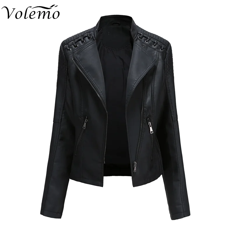 

Volemo Plus Size Autumn Winter Pu Faux Leather Jacket Women Long Sleeve Zipper Slim Motor Biker Leather Coat Female Outwear Tops
