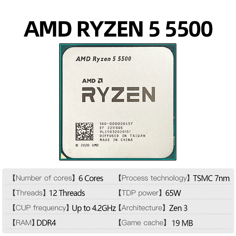 CPU Processor AMD Ryzen 5 5500 6-Core Socket AM4 65W Desktop Game Computer Without Cooler Fan