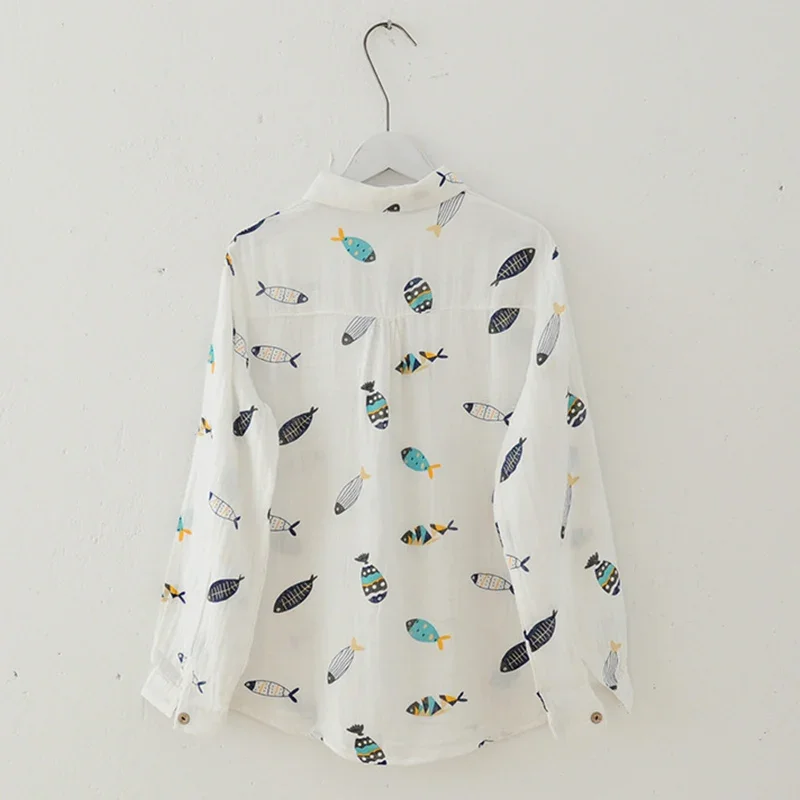 Lovely Cartoon Fish Printed Cotton Shirt Women Spring Autumn Long Sleeved Female Render Unlined Upper Garment Blouses Tops