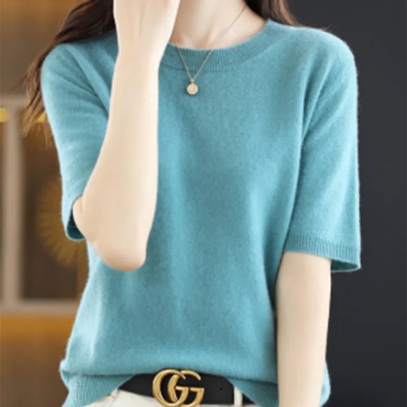 ตัวเลือกสินค้า ฤดูใบไม้ผลิและฤดูร้อนใหม่แขนสั้นผู้หญิง O-คอ Slim Wool Cotton Blend เสื้อกั๊กเสื้อยืดถักเสื้อกันหนาว
