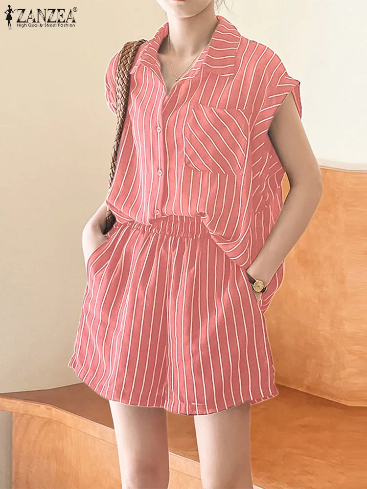 

ZANZEA Casual Oversized Tracksuit Summer Fashion Short Sleeve Top and Shorts Women Short Sets Holiday Striped Loose 2pcs Outfits