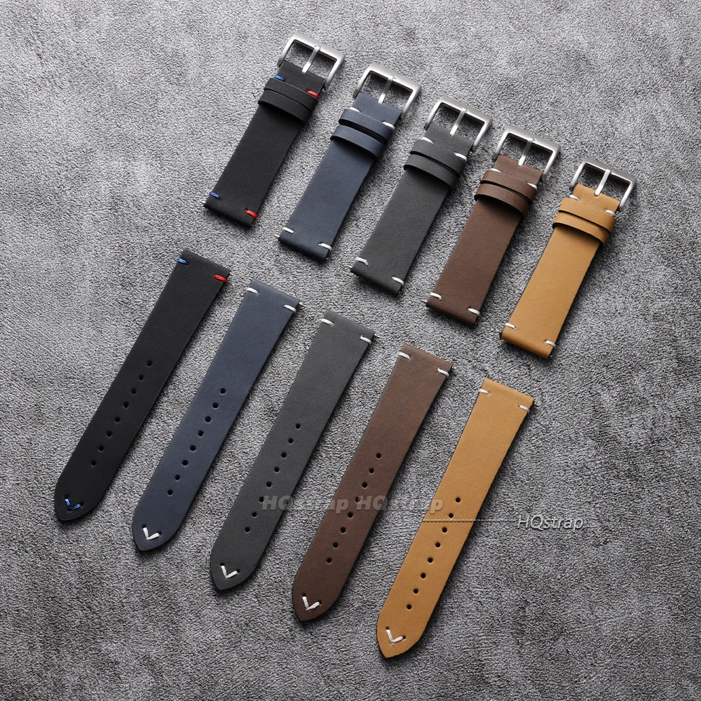 Vintage Leather Quick Release Watch Band - Handmade Cowhide Strap with Elegant Stitching