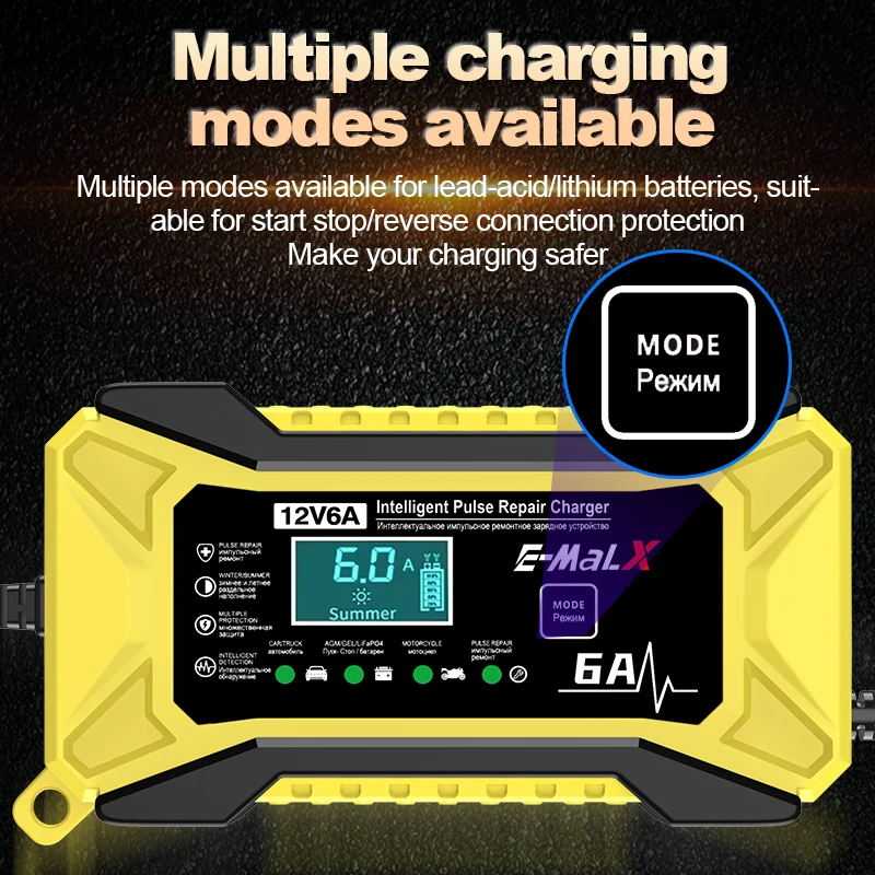 12V 6A Car Battery Charger Smart Electric Motorcycles Charger For LiFePO4 Lead Acid AGM GEL EFB 14.6V 6A Lithium Battery Repair