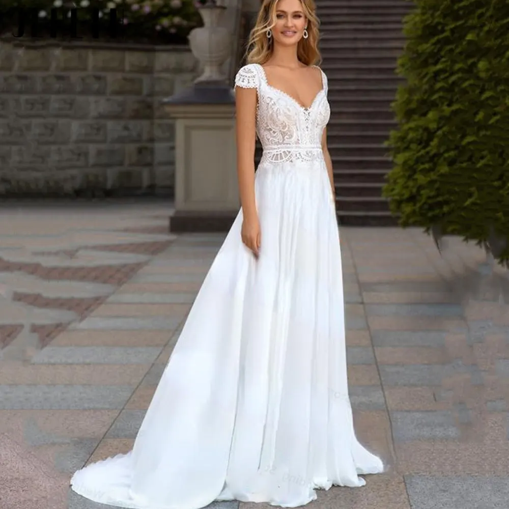 JEHETH Bohemian Lace Chiffon Wedding Gowns 2024 Charming Backless Cap Sleeves Bride Dresses A Line Robe De Mariee Custom Made