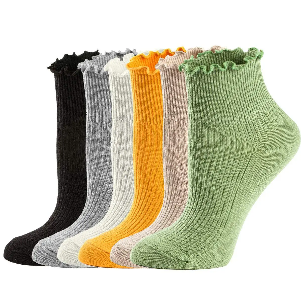 

5 Pairs Women Socks Lolita Style Japanese Maiden Ruffle Cotton Knitting Solid Color Breathable Princess Crew Socks Calcetines