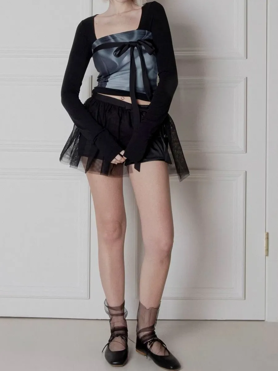 

Small Group Mesh Patchwork Fluffy Skirt Pants With Bow Tie