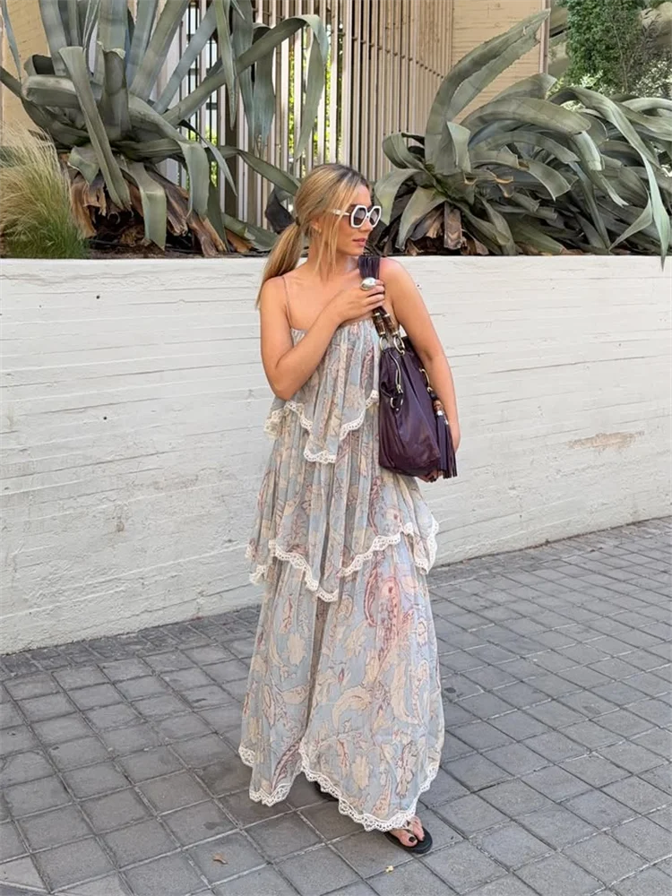 Loose Boho Floral Print Chiffon Maxi Dress Women's Sleeveless