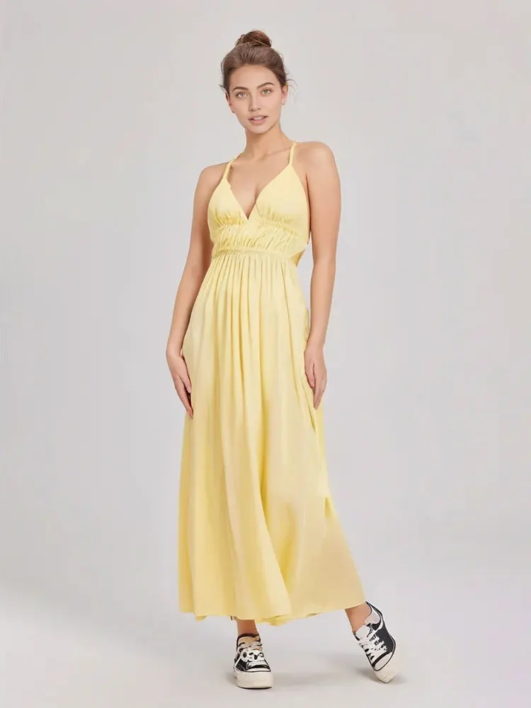 HH Women Elegant Yellow Sleeveless Dress Sexy Backless V-Neck Camisole Long Dresses Fashion Female Party Evening Dress