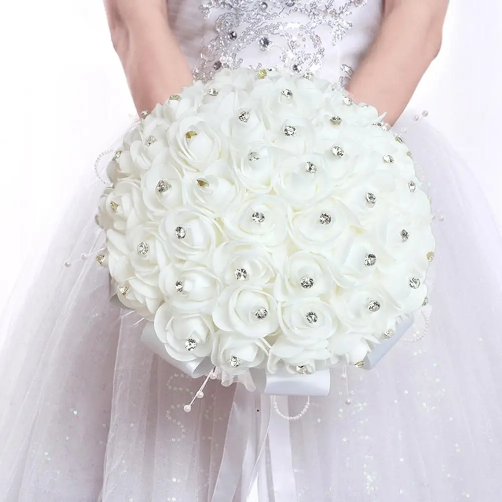 Artificial Bouquet White Bridal Wedding Bouquet Artificial with Crystal Pearl for Wedding Engagement Home Decor