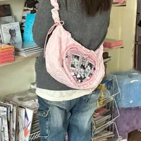 Xiuya Pink Cute Womens Shoulder Bag Pleated Love Heart Lolita Jk Ita Bag Drawstring Ballet Style Sweet Fashion Female Handbag 2