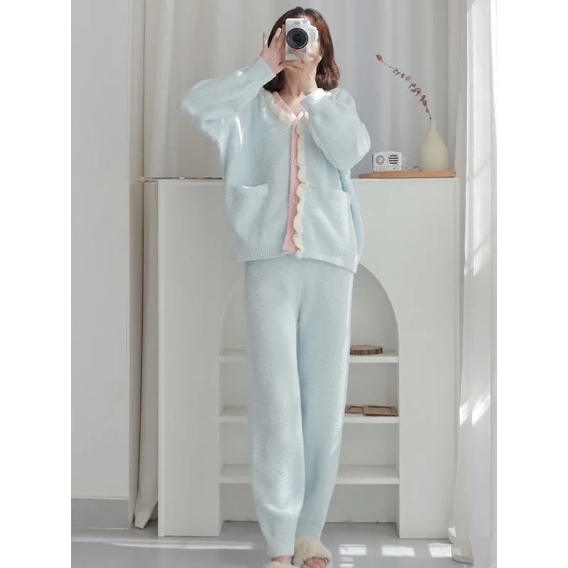 2024 New Pajamas Women's Autumn Winter Sweet Sleepwear Thick Warm Coral Velvet Loungewear Set V-neck Falbala Loose Homewear