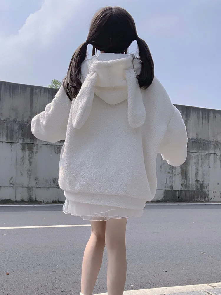 Lolita Sweet Kawaii Preppy Style Women Coat Hooded Rabbit Ear Winter Thicken Plush Outerwear Solid Zipper Women Jacket Female