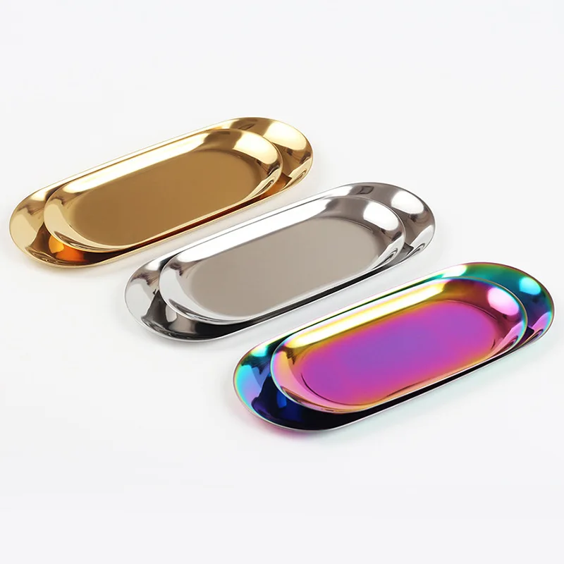 Simple Nordic Ins Oval Tray Stainless Steel Jewelry Storage Tray Multi-purpose Desktop Storage Tray Metal Home  Pantry Organizer 6