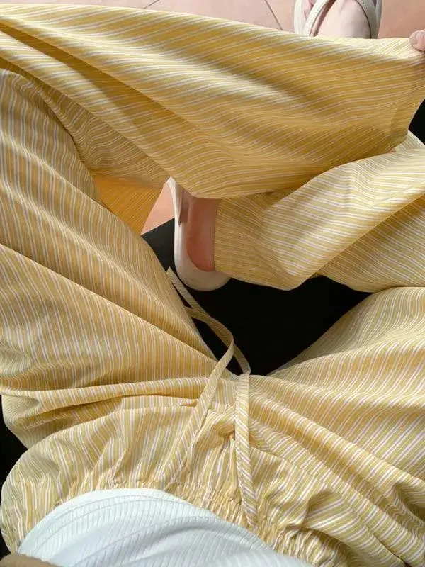 Striped Thin Women Wide Leg Pants Summer High Waist Drawstring Loose Female Casual Pants Korean Fashion Preppy Jogging Trousers