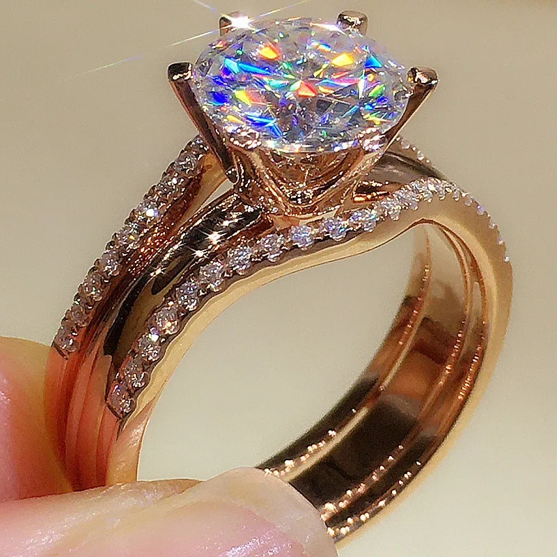 Huitan Luxury Rose Gold Color Cubic Zirconia Rings for Women Aesthetic Wedding Engagement Bands Accessories New Trendy Jewelry