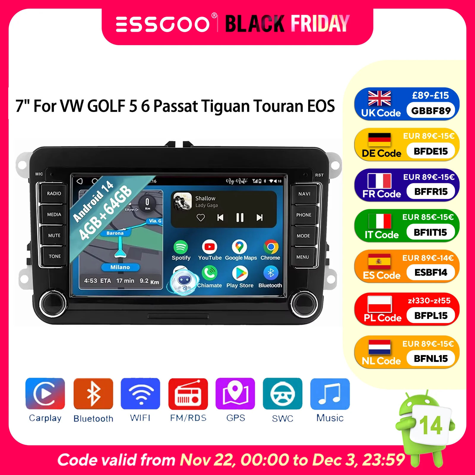 ESSGOO Android 14 Autoradio 7" 4+64GB Bezprzewodowy CarPlay GPS Nawigacja WIFI RDS FM Bluetooth dla VW Golf 5 6 Passat Polo 6R Touran Tiguan Caddy EOS Jetta Seat Skoda Ekran Dotykowy Mirror Link USB SI Głos