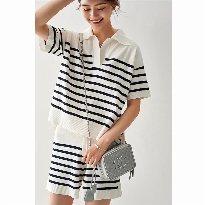 Striped Knitting Tshirts Two Piece Set Women Tops Tees + Laceup Shorts