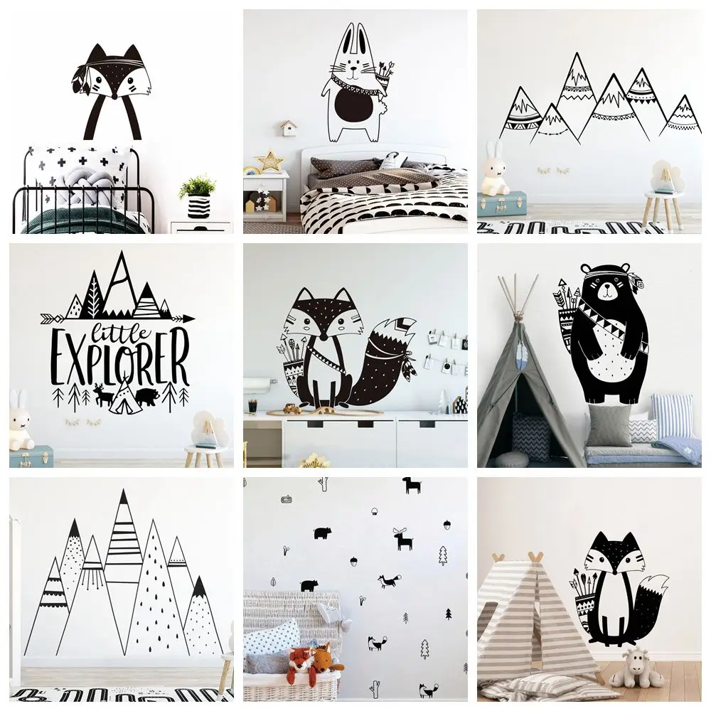 

Cartoon Tribal Animals Vinyl Wall Stickers For Kids Rooms Decor Babys Bedroom Decals Sticker Bear Fox art wallpaper