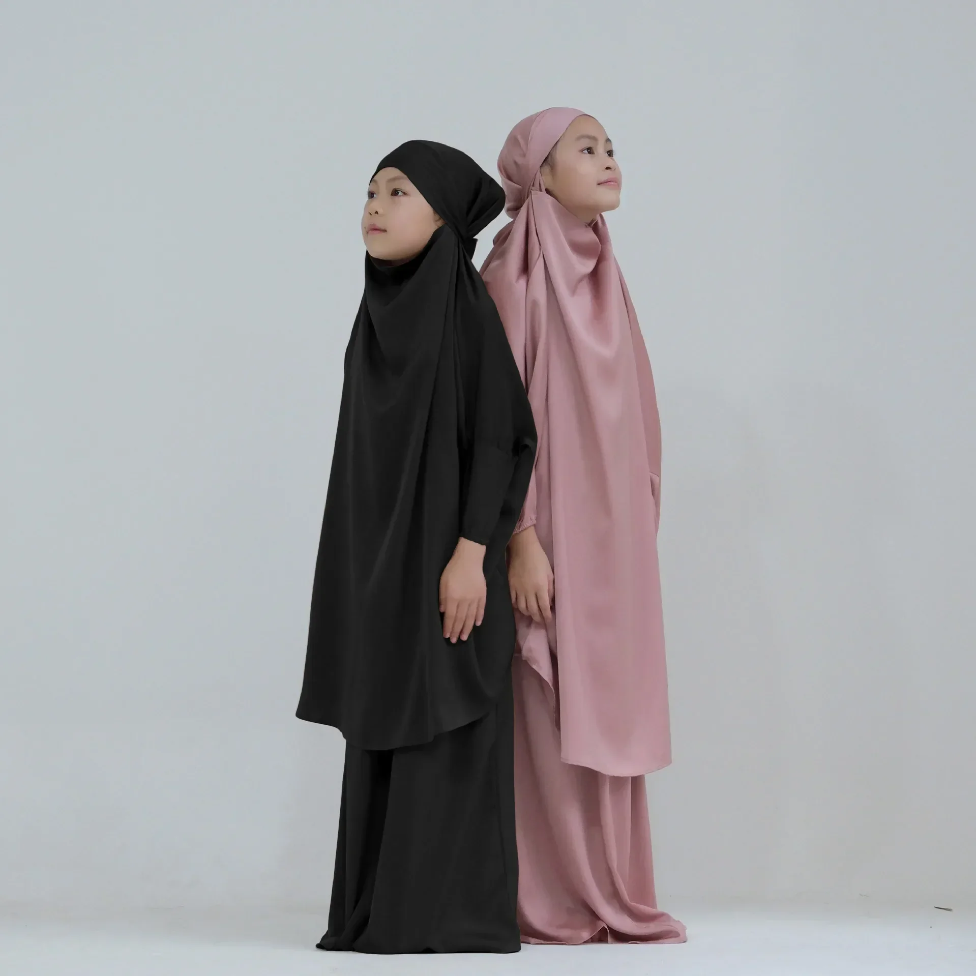 Kids Jilbab Set Ramadan Muslim Child Girl Prayer Garment Hijab Dress Satin Abaya Long Khimar Children Abayas Dubai Islam Kaftan