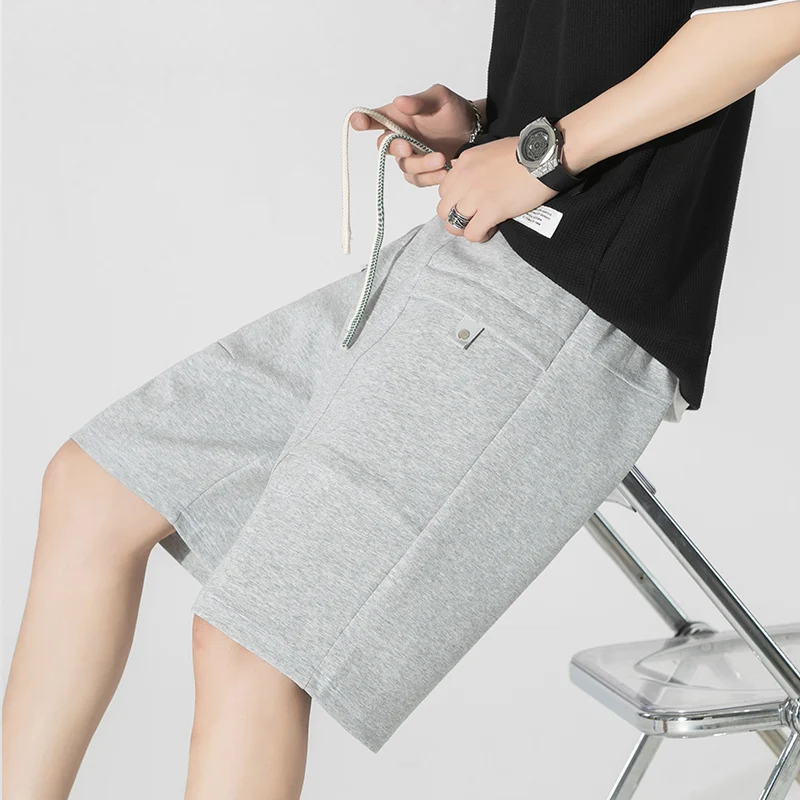 Fashion Loose Elastic Waist Spliced Pockets All-match Bandage Casual Shorts Men's 2024 Summer New Solid Color Korean Shorts