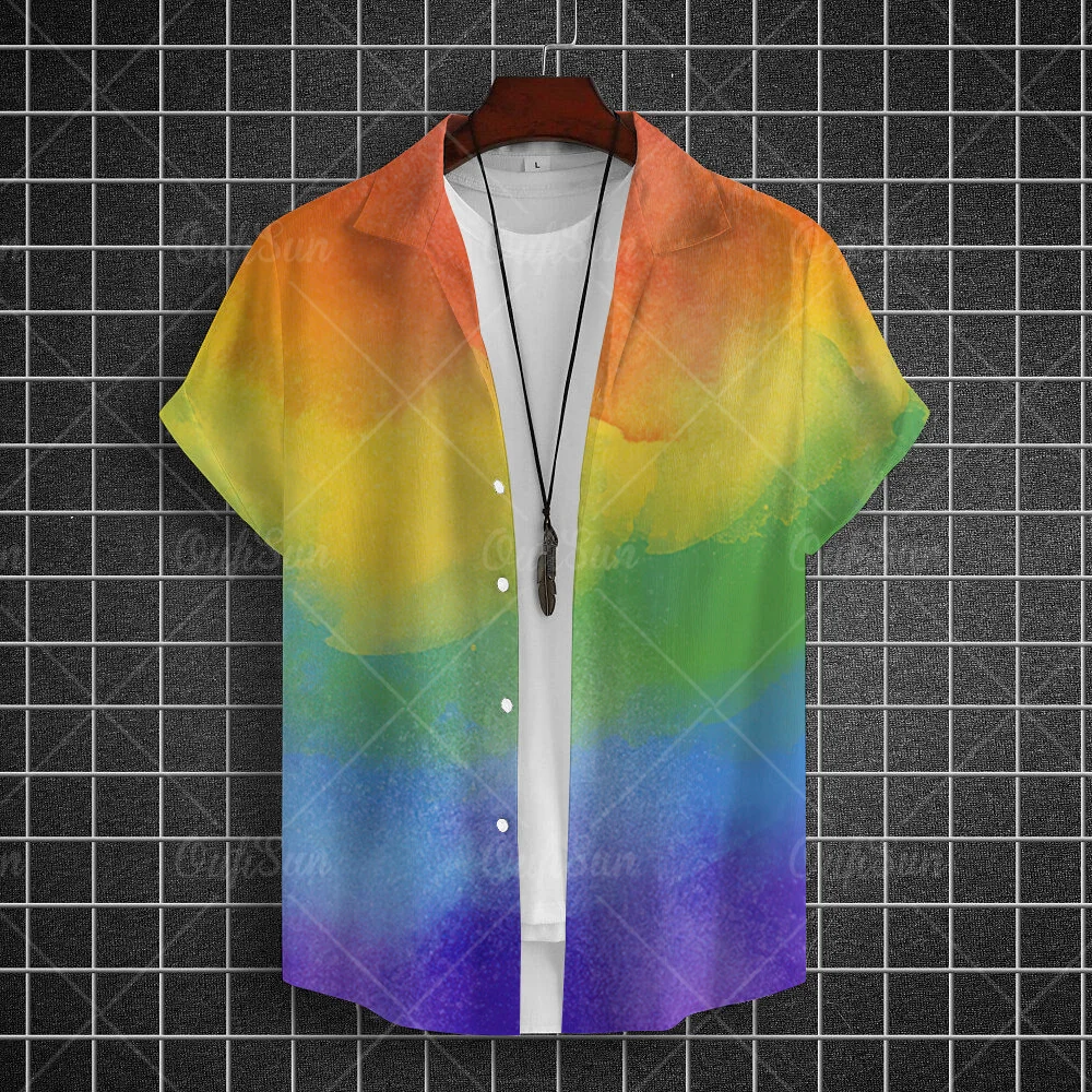 Rainbow Print Pride Month Party Summer Fashion Men's Casual Short Sleeve Shirts Casual Daily Wear Loose Oversized Top Size S-5XL 5