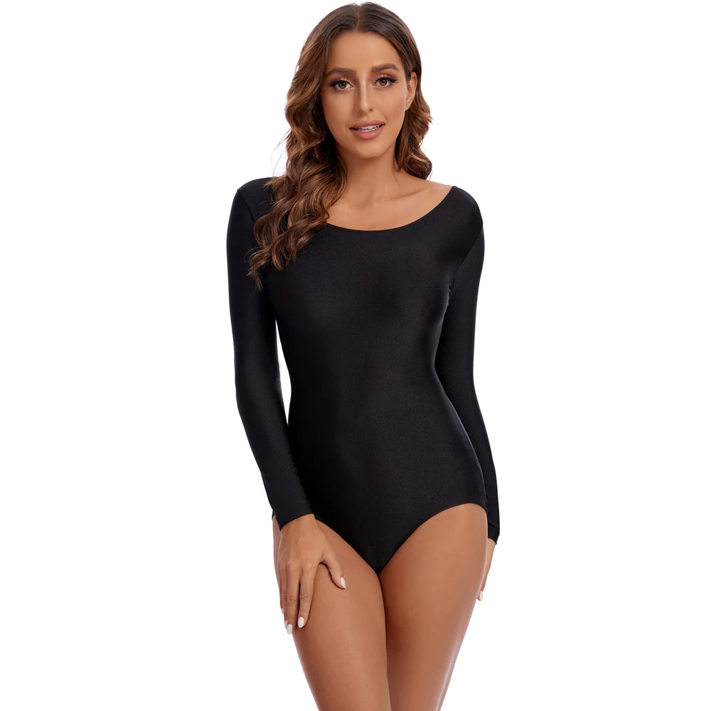 Adults Long Sleeve Dance Leotards For Women Spandex Scoop Neckline Black Ballet Gymnastics Bodysuit Team Basic Dancewear ballet leotard dance leotard