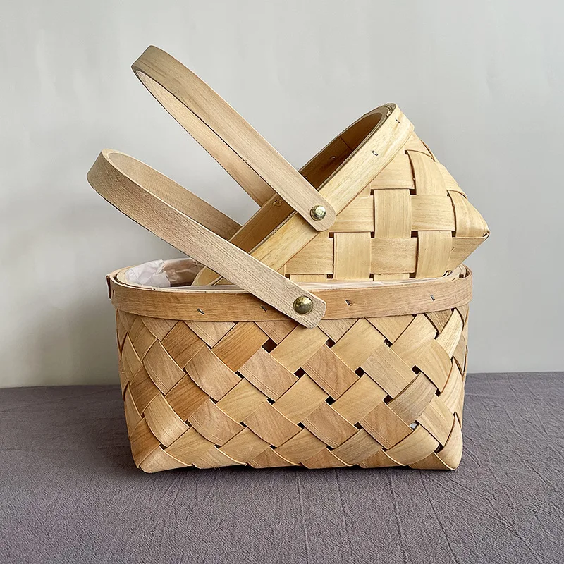 

Japanese Style Wooden Picnic Basket Woven Hand-held Rattan Storage Basket Flower Arrangement Bamboo Basket