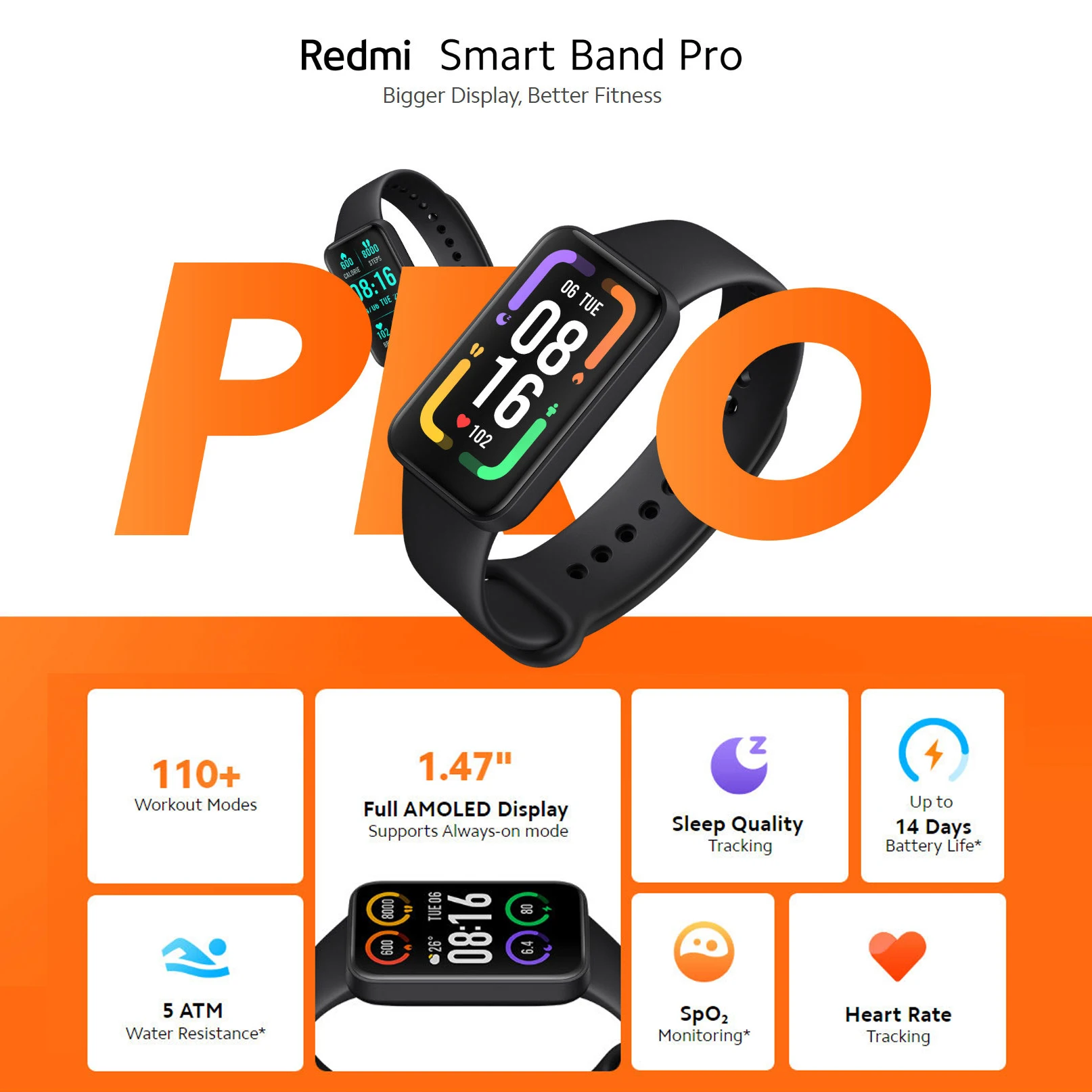 Xiaomi Redmi Smart Band Pro – Pulsera de actividad con pantalla AMOLED de  1,47 ”, más de 110 modos de entrenamiento, monitoreo de frecuencia  cardíaca, hasta 14 días de batería : : Deportes y aire libre