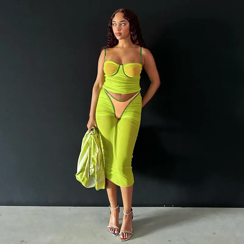 

Women Clothing Offers Beach Cover Up Bikini 2024 Luxury Summer New Sleeveless Halter Top Pleated Patchwork Trouser Skirt Color
