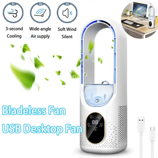 Nouveau ventilateur de bureau USB 2026 - Petit ventilateur portable sans pales rechargeable, humidificateur 140 ml avec brume rafraîchissante, 6 vitesses avec lumière LED 1
