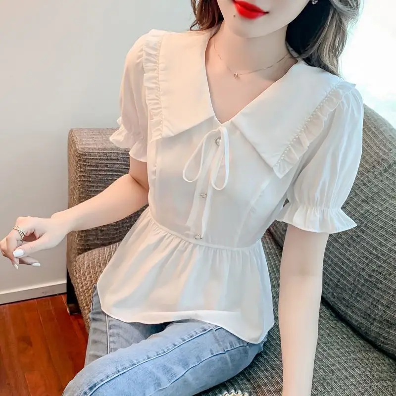 러플 엣지 활 레이스 블라우스, 반팔, 단색, 루즈 단추 플리츠 셔츠, 상의, 스위트 패션, 여성 의류, 여름 신상