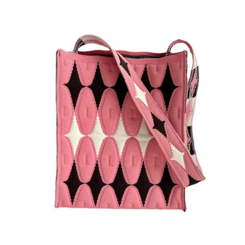Tote Shoulder Bag Knitted Contrast Color Diamond Lattice Fashion Crossbody Bag Trendy Design Handbag Retro Style Bags for Women