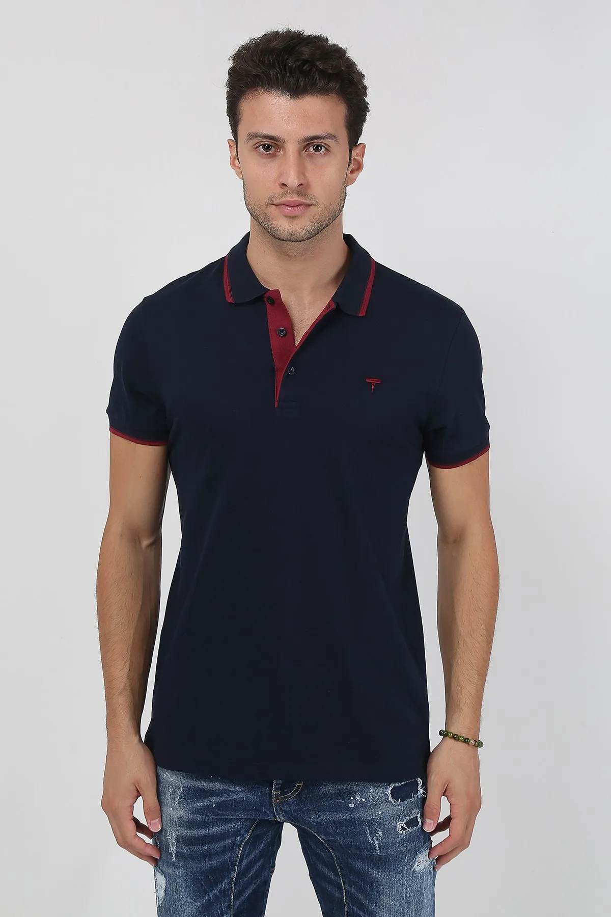 

Men's Double Color Detailed Polo Collar Basic T-Shirt 21Y-3400749-1 Navy Blue